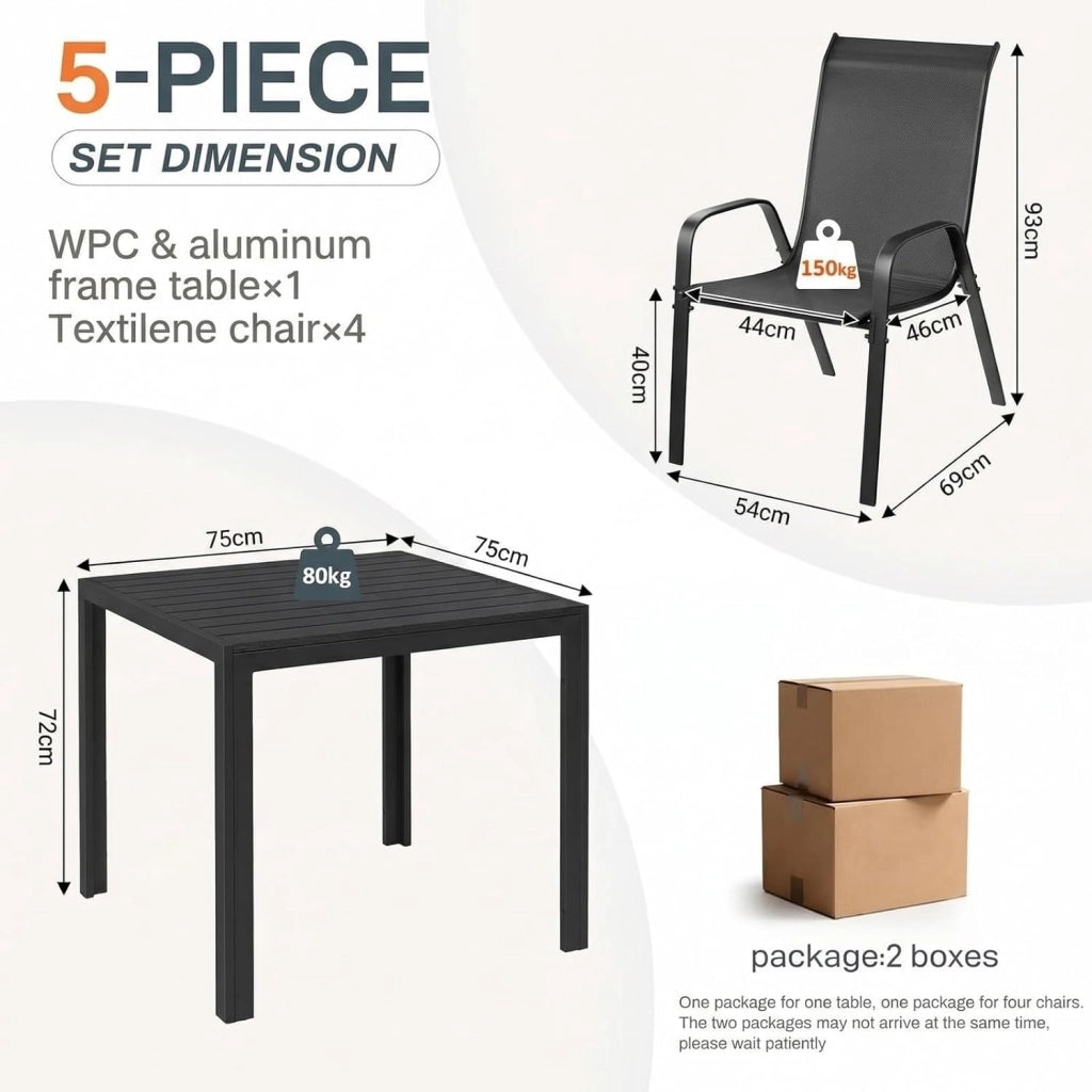 Set di mobili da giardino, 5 pezzi, con 4 poltrone impilabili e 1 tavolo quadrato WPC, mobili da balcone, mobili da terrazza per tutte le stagioni, terrazza, giardino ed esterni