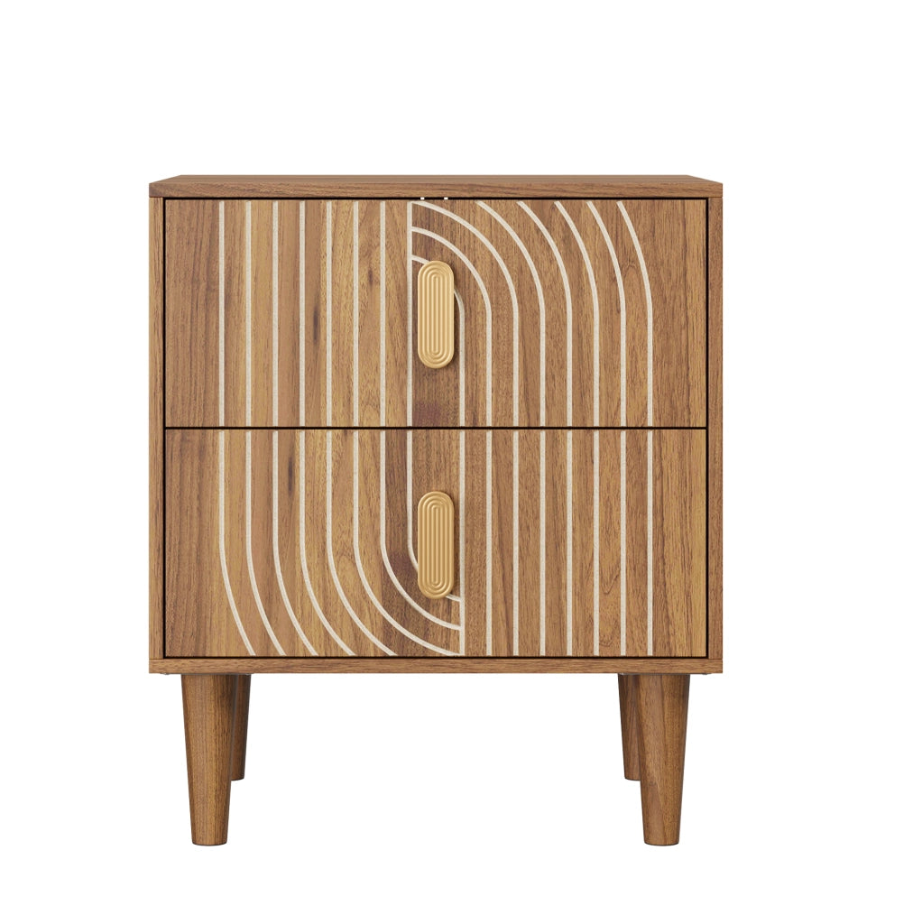 Comodino boho con 2 cassetti; decori geometrici; finitura marrone noce e maniglie dorate