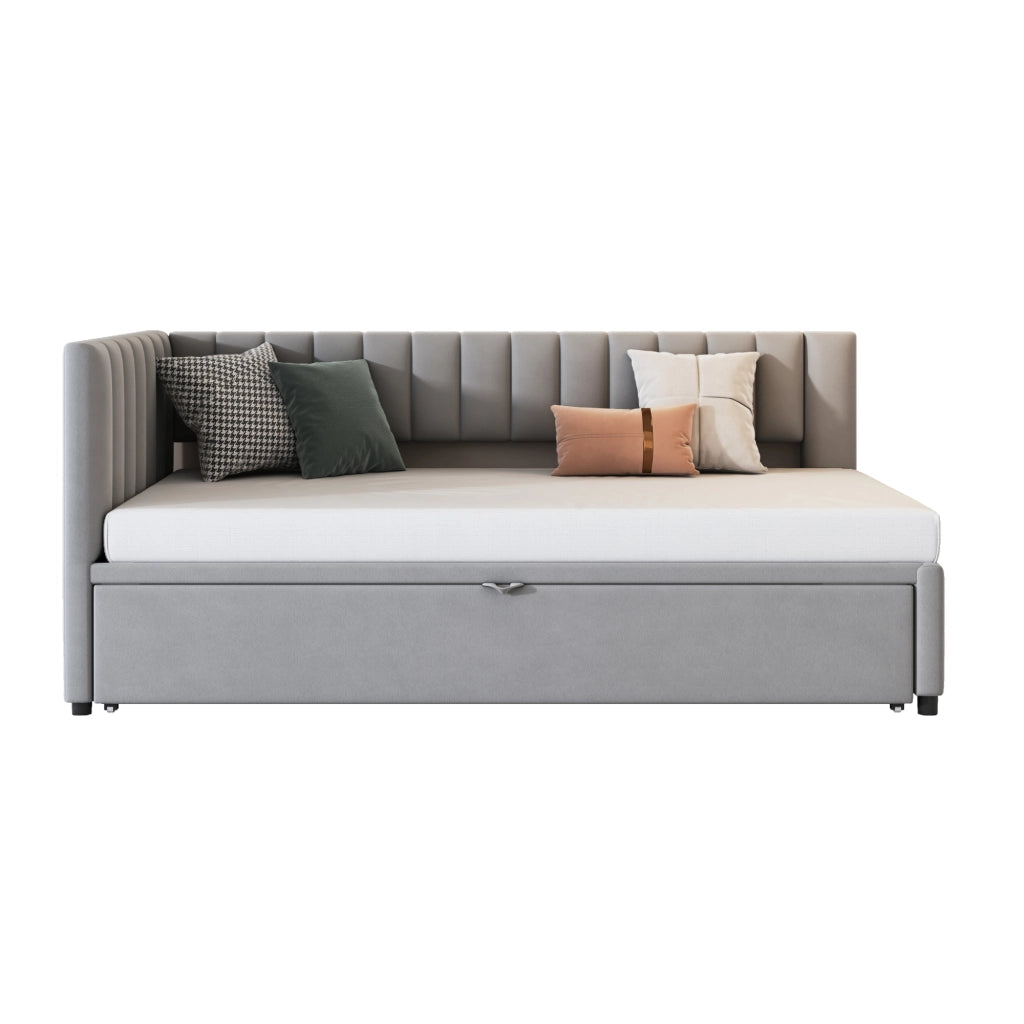 Letto estraibile singolo 90×200 cm e 180×200 cm con testiera imbottita; senza materasso; velluto; grigio