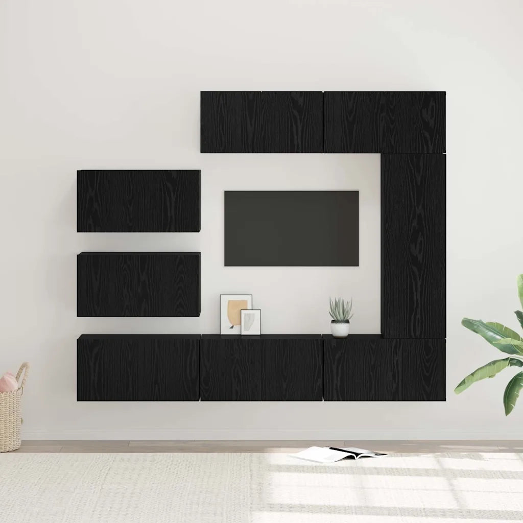 Set mobile TV 8 pz-Set di 8 Credenza per TV Rovere Nero Legno multistrato