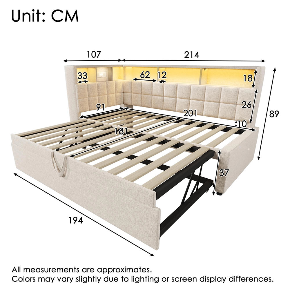 Letto imbottito-Xylo-90x200cm+90x190 LED Bluetooth USB-C testiera L lino beige senza materasso