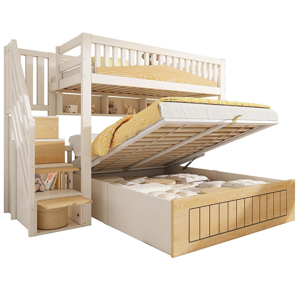 Letto a castello in legno per bambini - Xylo - 90x200 & 140x200 cm - Bianco e naturale - Con spazio di archiviazione idraulico, armadio con scala, barriera di sicurezza e porta USB-C