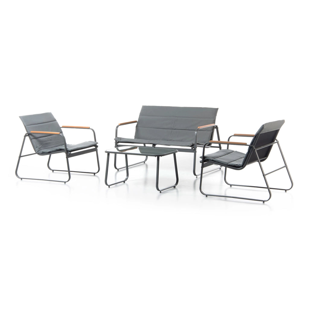 Set Salotto da Giardino 4 Pezzi Bali Divano Poltrone e Tavolino in Acciaio Textilene e Imbottitura in Policotone Grigio