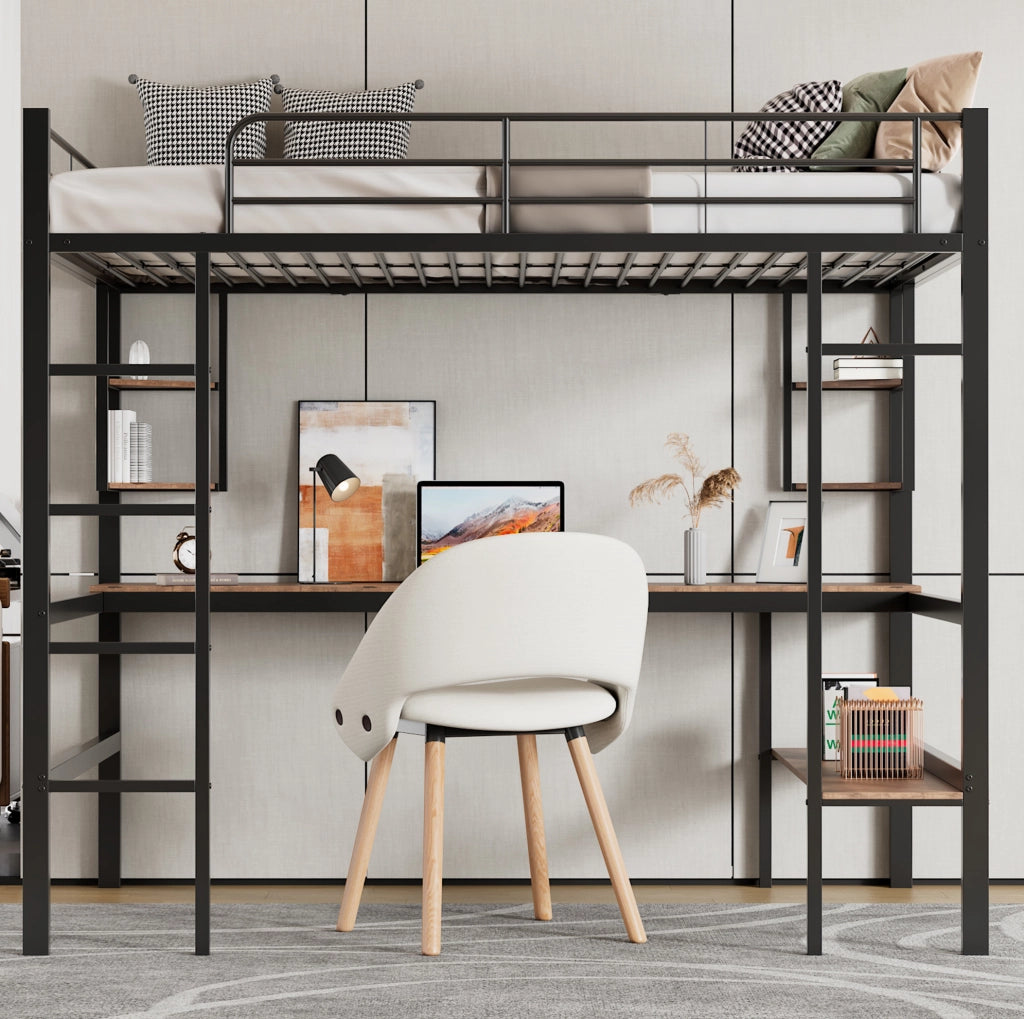 Letto a soppalco 90x200 cm con scrivania e libreria; metallo; nero