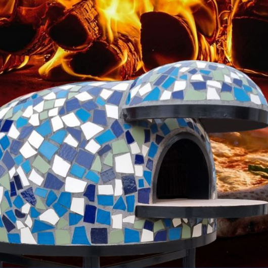 Forno legna artigianale mosaico blu linea cetara diametro 100 cm con base ferro