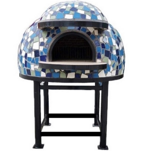 Forno legna artigianale mosaico blu linea cetara diametro 120 cm con base ferro