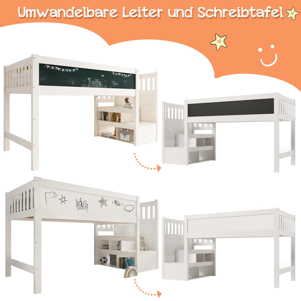 Letto a Soppalco 90 x 200 cm; Letto per Bambini - Scala con Contenitore e Lavagna - Bianco