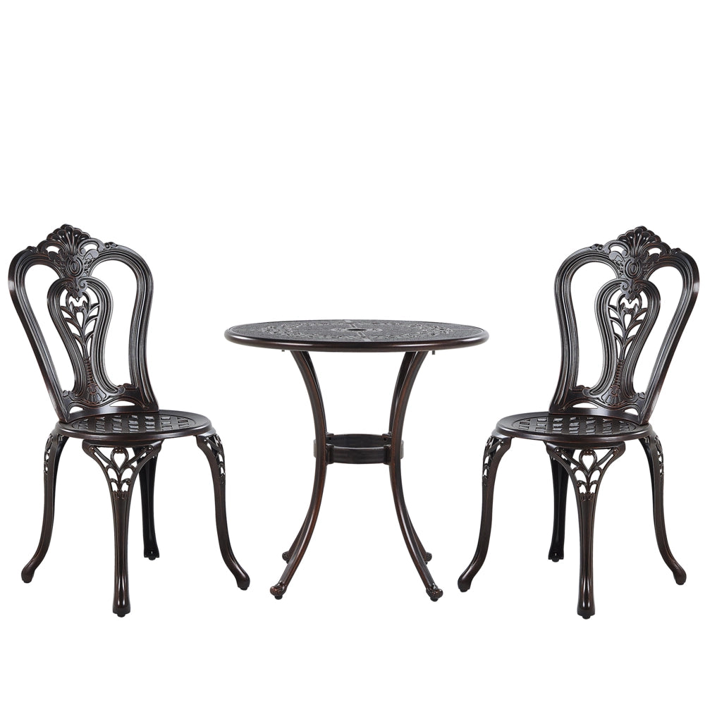 Set Bistrot Marrone Alluminio Giardino Esterno 2 Posti Tavolo ø 65 cm 2 Sedie Vintage