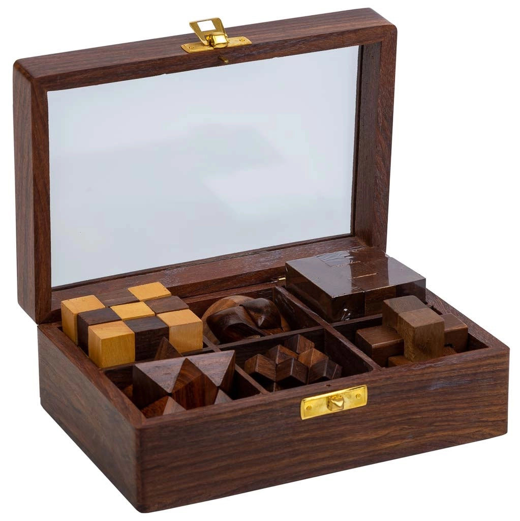 Set 6 puzzle scatola legno marrone 17.5x12x6h cm
