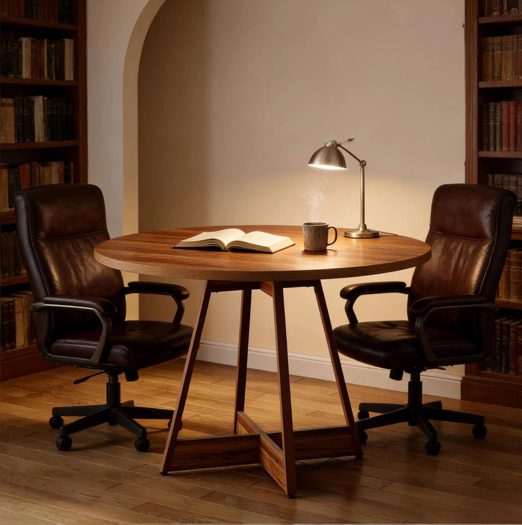 Tavolo rotondo da pranzo 100 cm in MDF marrone; con base centrale stabile