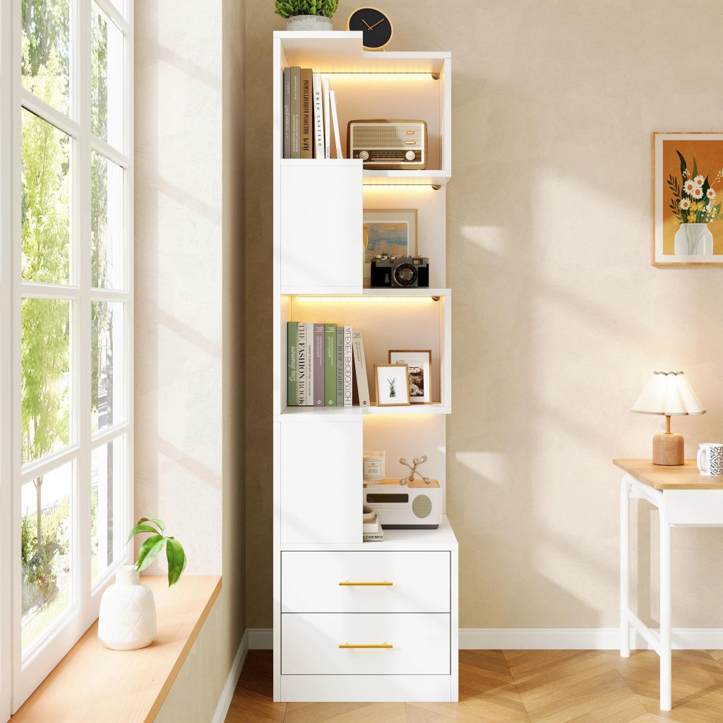 Libreria angolare con 2 cassetti e LED - per soggiorno - 165×45×45 cm - bianco