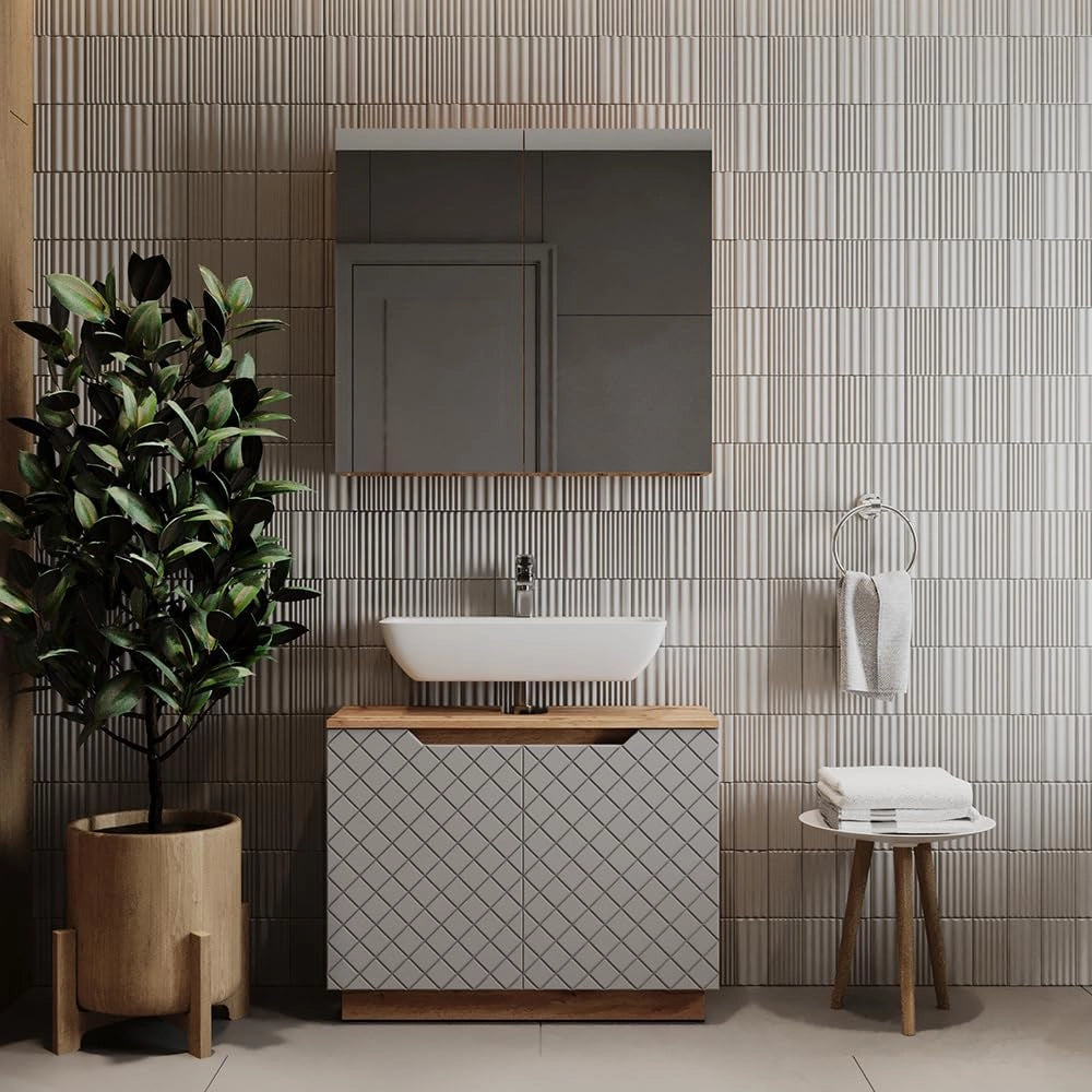 Set di mobili da bagno Lotta, Grigio, 79.6 cm, composto da specchio da bagno e mobile sottolavabo