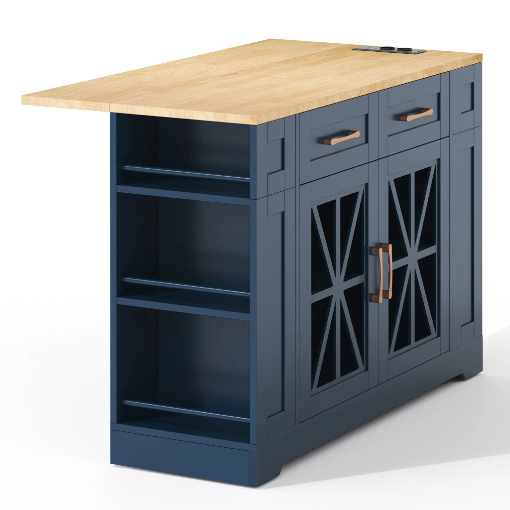 Isola da Cucina Mobile 120x40/65x92 cm Blu e Legno con Piano Ribaltabile, 2 Prese, 2 USB e Ruote