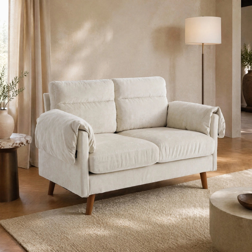 Divano a 2 posti in ciniglia con cuscini imbottiti e gambe effetto legno salvaspazio per soggiorno e piccoli spazi beige
