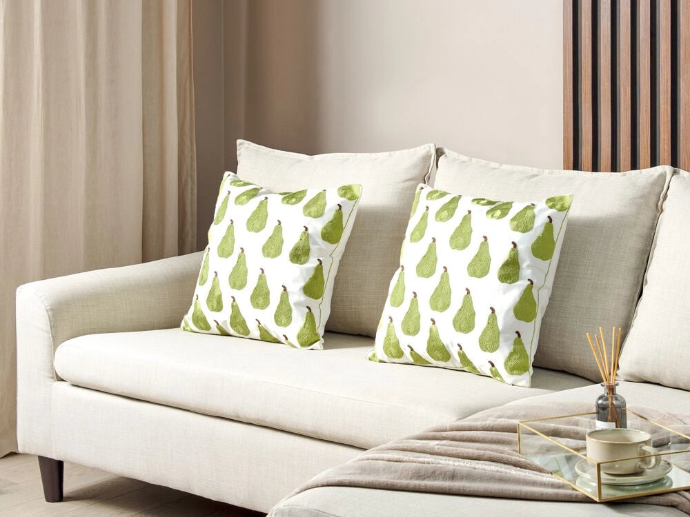 Set di 2 cuscini decorativi con motivo con pera e frutta 45 x 45 cm accessorio decorazione divano soggiorno