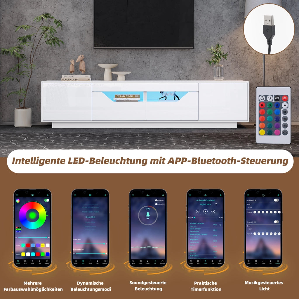 Mobile TV da Terra con 2 Ante; 2 Cassetti e LED; Frontale Lucido; per Soggiorno; 180??40??45 cm; in Truciolare; Bianco