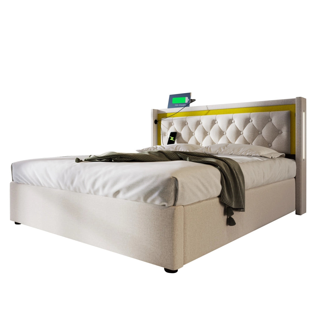 Letto matrimoniale 140x200 cm con contenitore, LED, USB e Type-C, beige chiaro