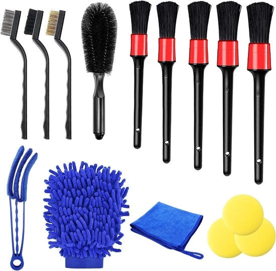 Set Completo di 15 Spazzole per Auto per Interno ed Esterno, Incluso Ventilazione, Cruscotto e Ruote