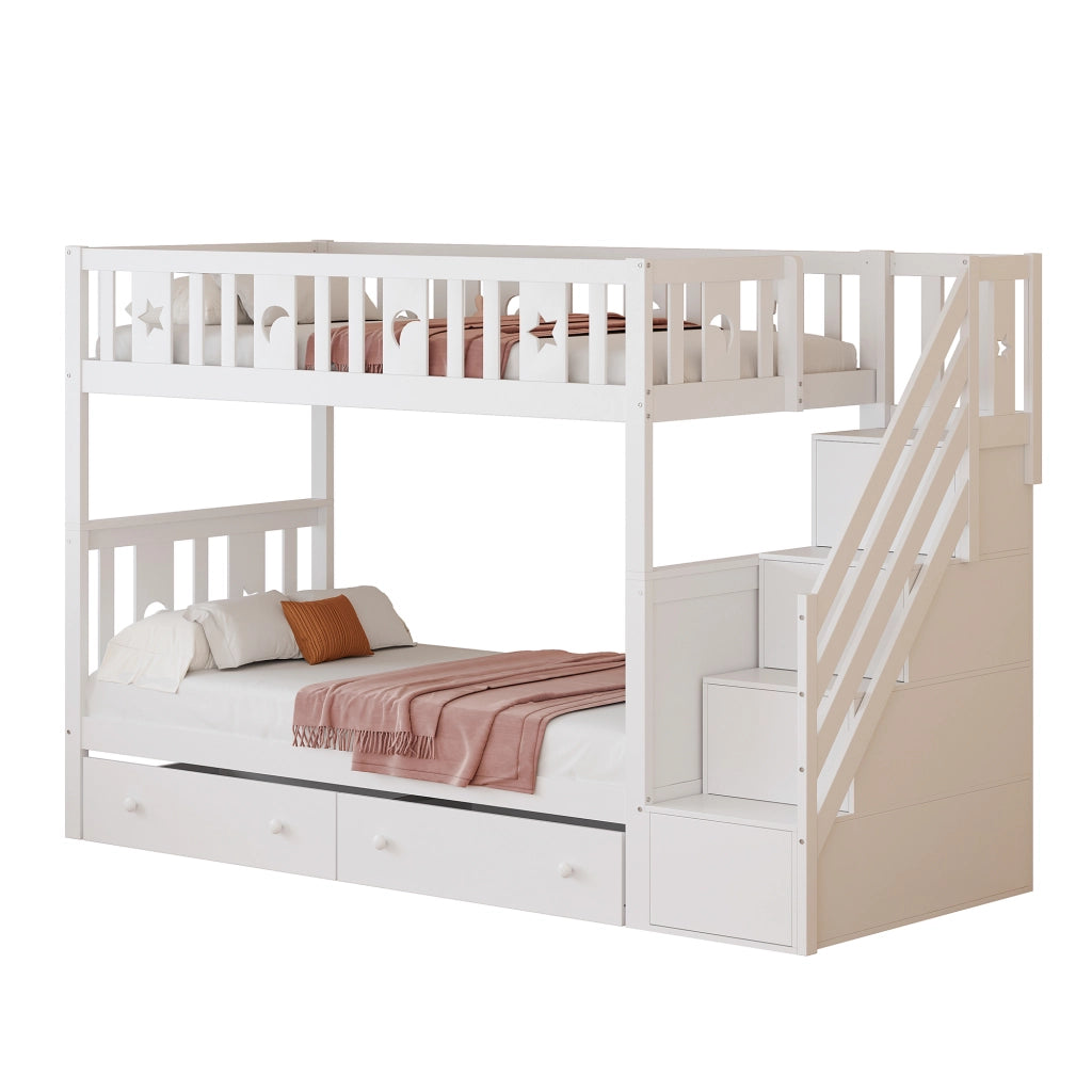 Letto a Castello 2 Posti 90x200 cm e 90x200 cm; Scala Contenitore; Cassetti - Bianco