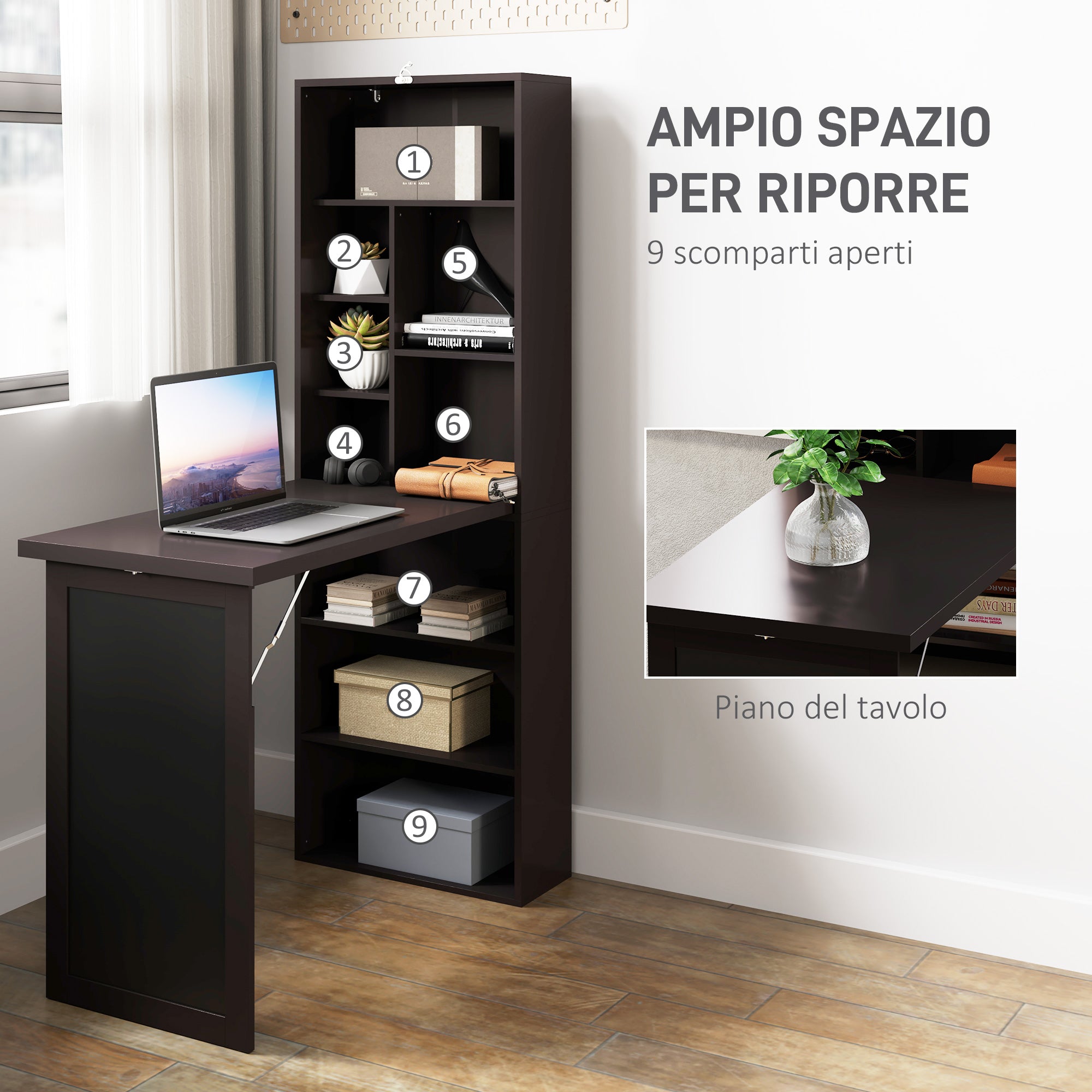 Mobile Libreria con Scrivania Salvaspazio Pieghevole 98x51x153 cm in Legno e MDF Marrone