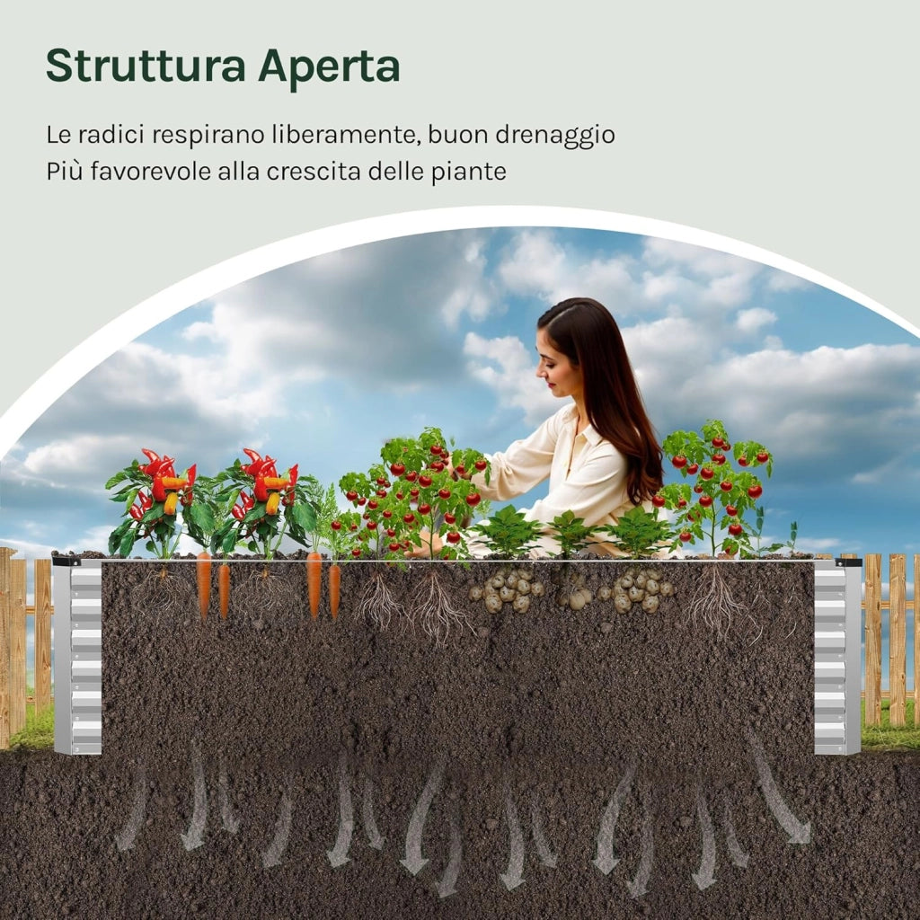 Fioriera rialzata per giardino, balcone, fioriera in robusta lamiera d'acciaio con design robusto, 238 x 56 x 80 cm, argento
