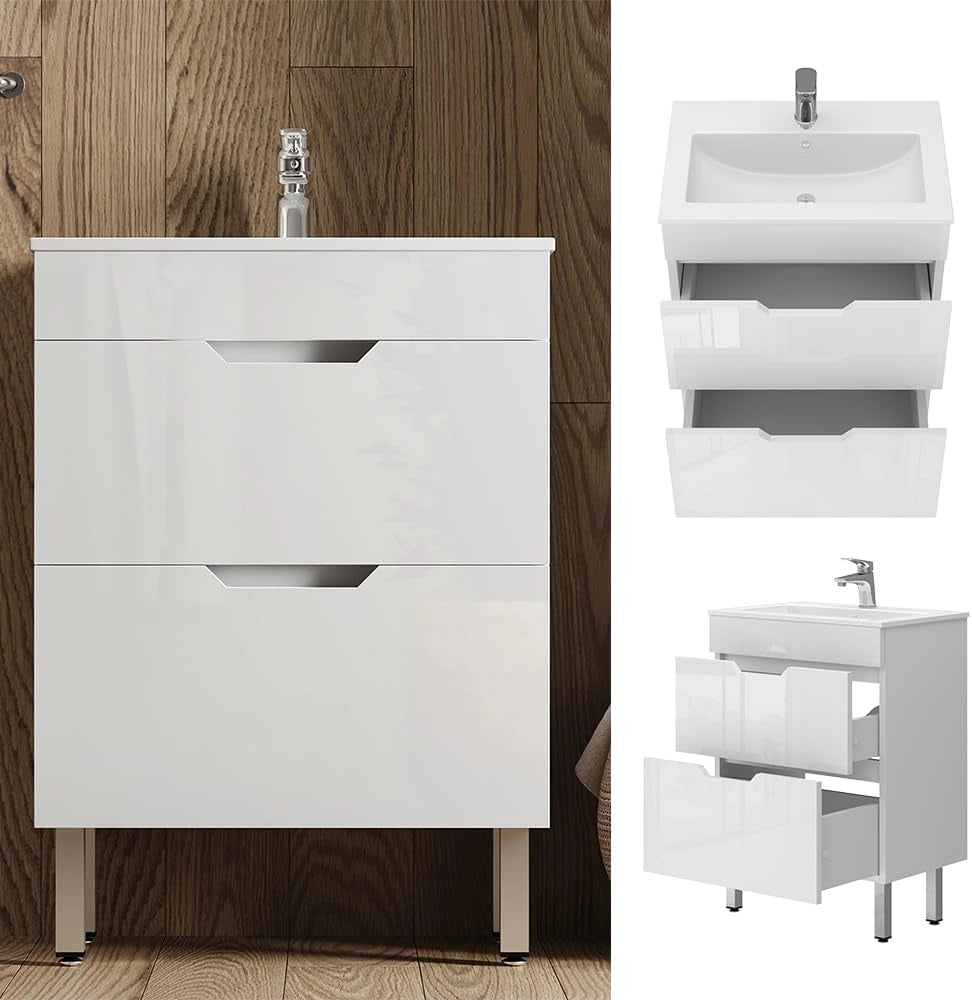 Set di mobili da bagno Clayton, Bianco, 60 cm, composto da mobile sottolavabo e lavabo
