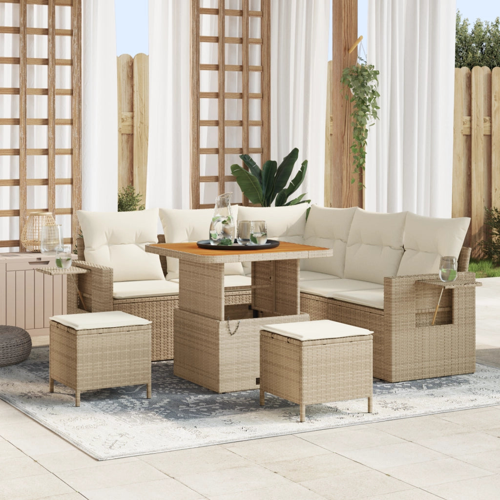 Set Divano da Giardino  a 8 Pezzi con Cuscini Beige Polyrattan Acacia