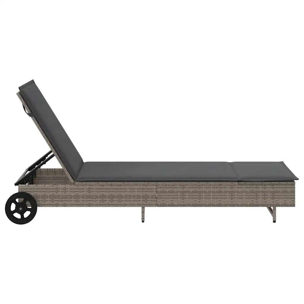 Lettino Prendisole con Ruote e Cuscino in Polyrattan Grigio