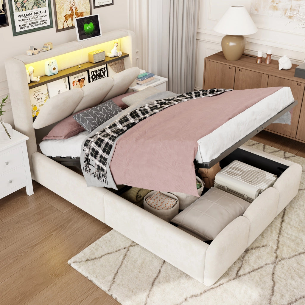 Letto imbottito 90x200 cm in tessuto effetto velluto beige con LED; USB e vano contenitore