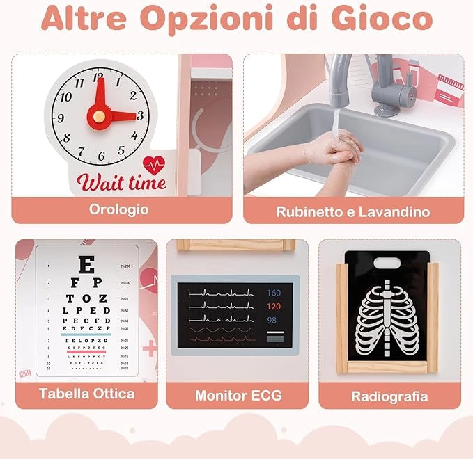 Set da Gioco Dottore in Legno, Centro Medico per Bambini con Orologio, Lavandino, Tabella Oculistica, Monitor ECG, Area Esame e 24 Accessori Giocattolo, 97 × 30,5 × 88 cm (Rosa)