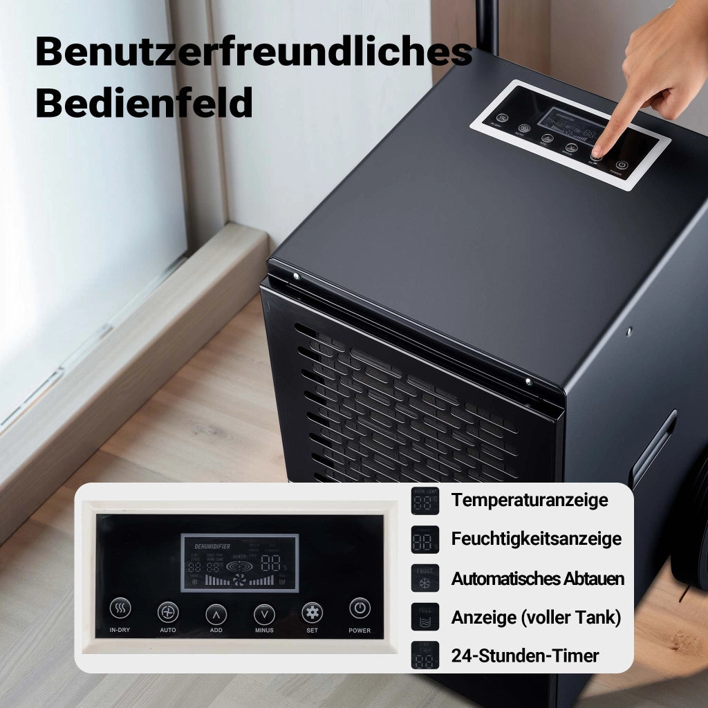 Deumidificatore industriale fino a 50 l/giorno, 650 W, asciugatura muri bagnati per grandi ambienti, max 130 m², serbatoio da 7 l, timer 24 ore