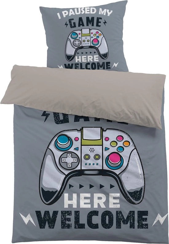 Set di coperte da letto Gamer 135 x 200 cm con tema Gamepad per ragazzi, 3D Print, set composto da un copriletto e un cuscino in pelle 80 x 80 cm, colore grigio.