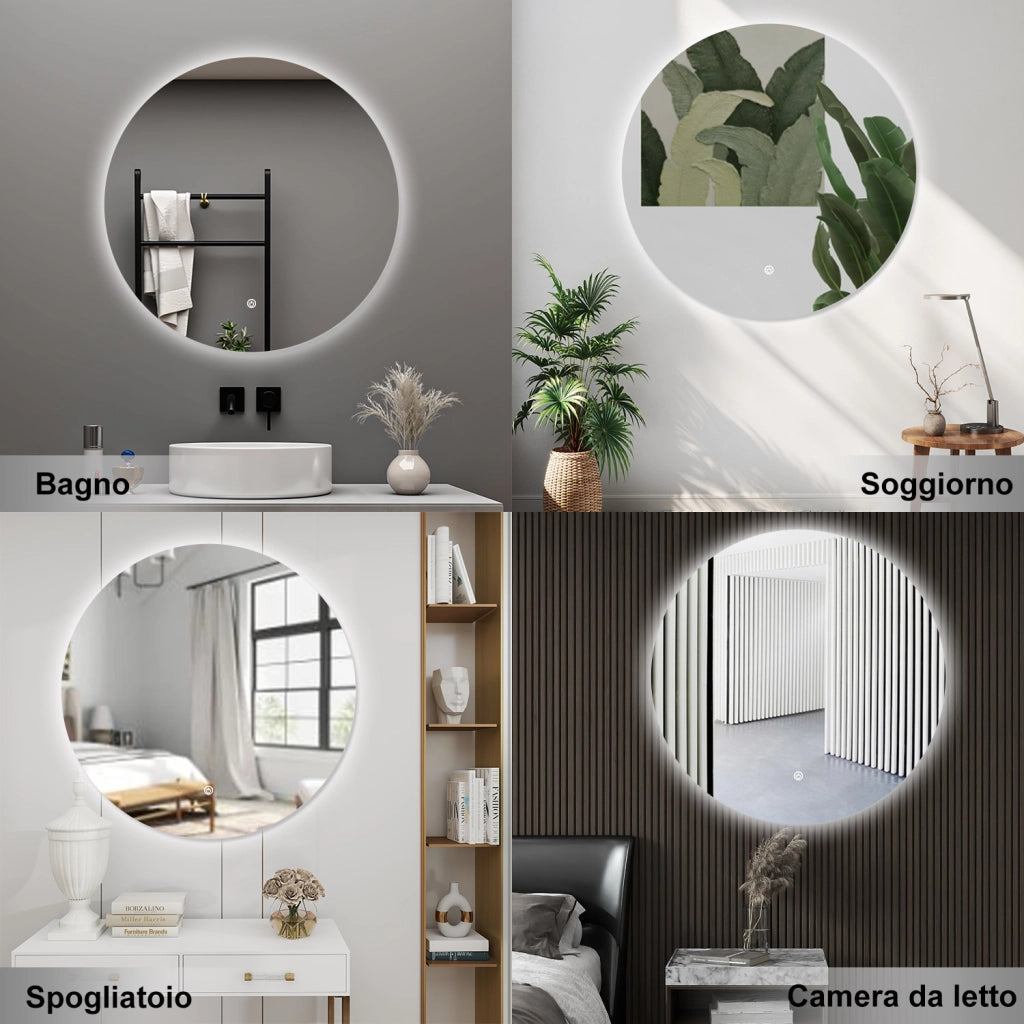 AICA Specchio da bagno 70 x 70 cm, antiappannamento, dimmerabile, interruttore touch, Funzione Memoria