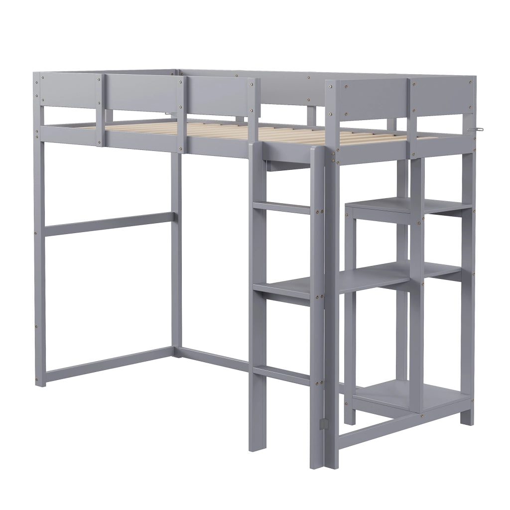Letto a soppalco per bambini 90 × 200 cm con ripiano e barriere di sicurezza, senza materasso, in legno grigio