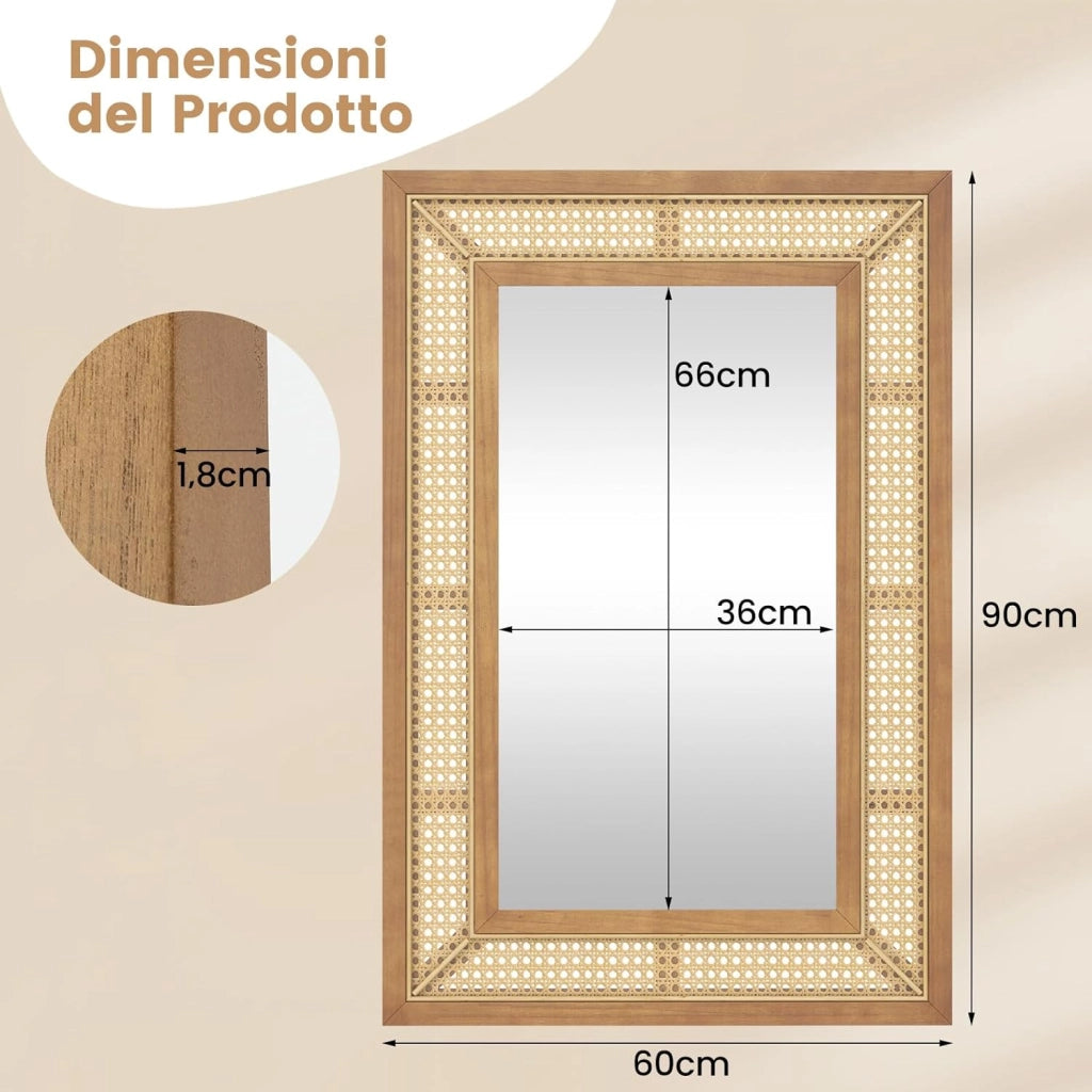 Specchio Rattan 90x60 cm, Decorativo Rettangolare con Cornice Legno, per Bagno/Soggiorno/Ingresso - Verticale/Orizzontale