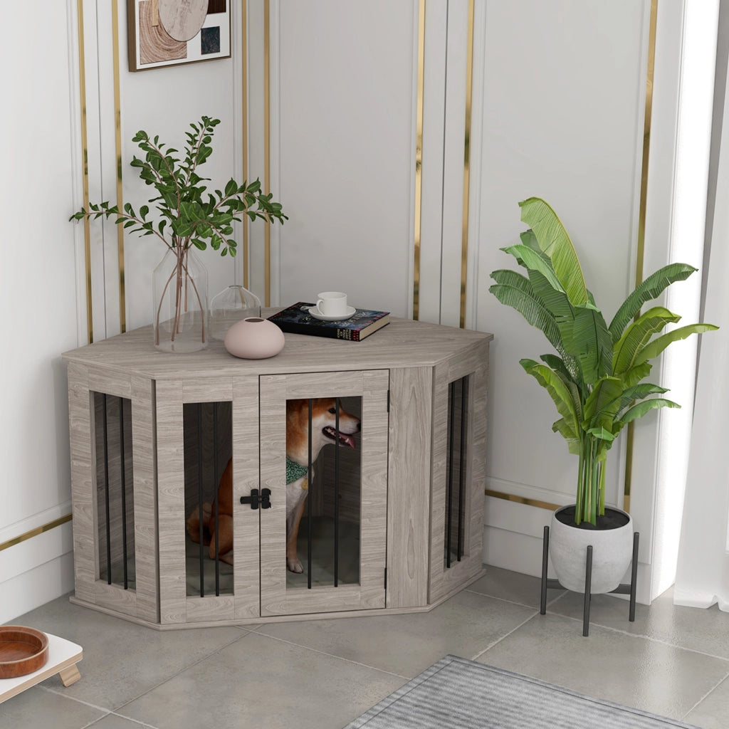 Gabbia per cani con cuscino e chiavistello tre lati con sbarre in acciaio in compensato color noce 104 × 55 × 63 cm