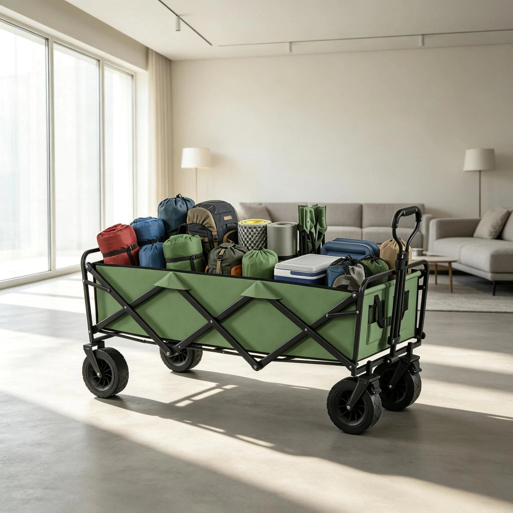 CARRELLO DA GIARDINO PIEGHEVOLE 133x56x100 cm VERDE METALLO E TESSUTO OXFORD
