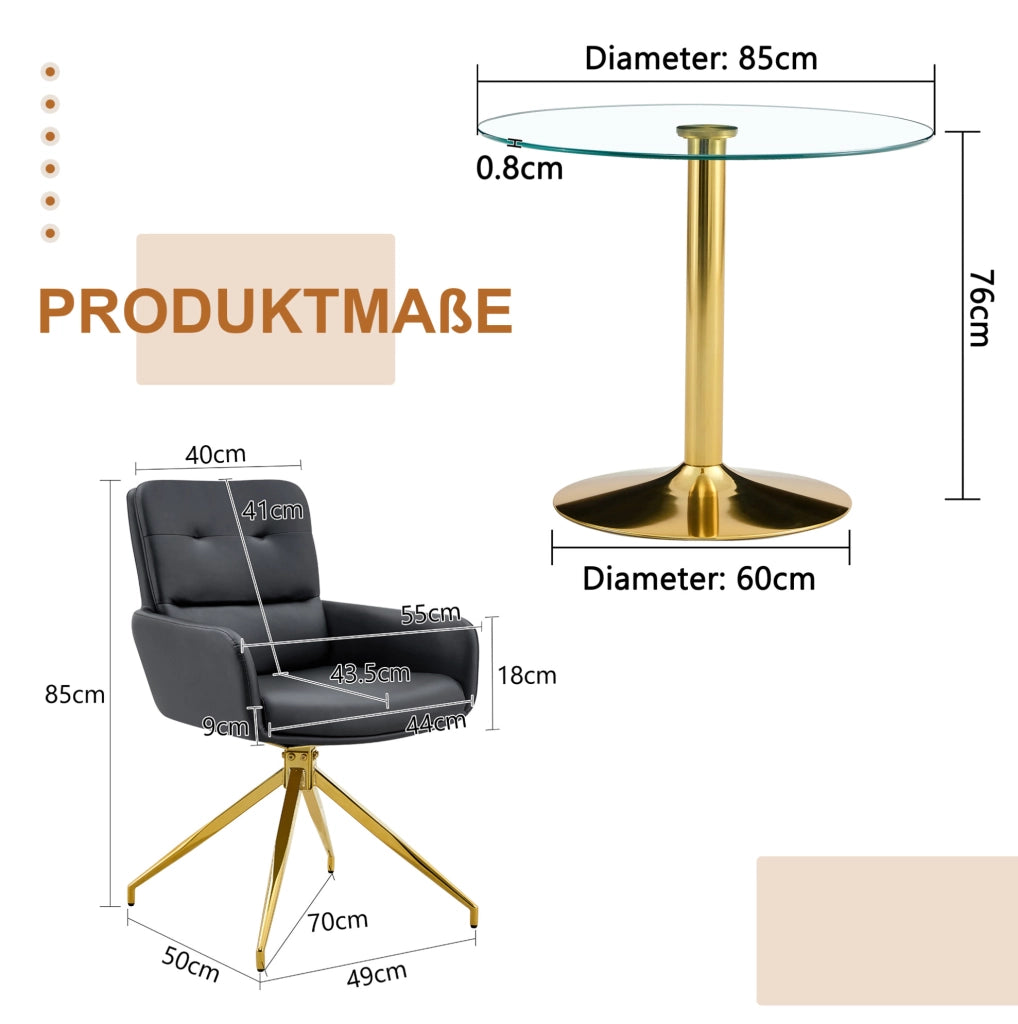 Set tavolo e sedie da pranzo 85 cm vetro temperato nero e oro per 4 persone