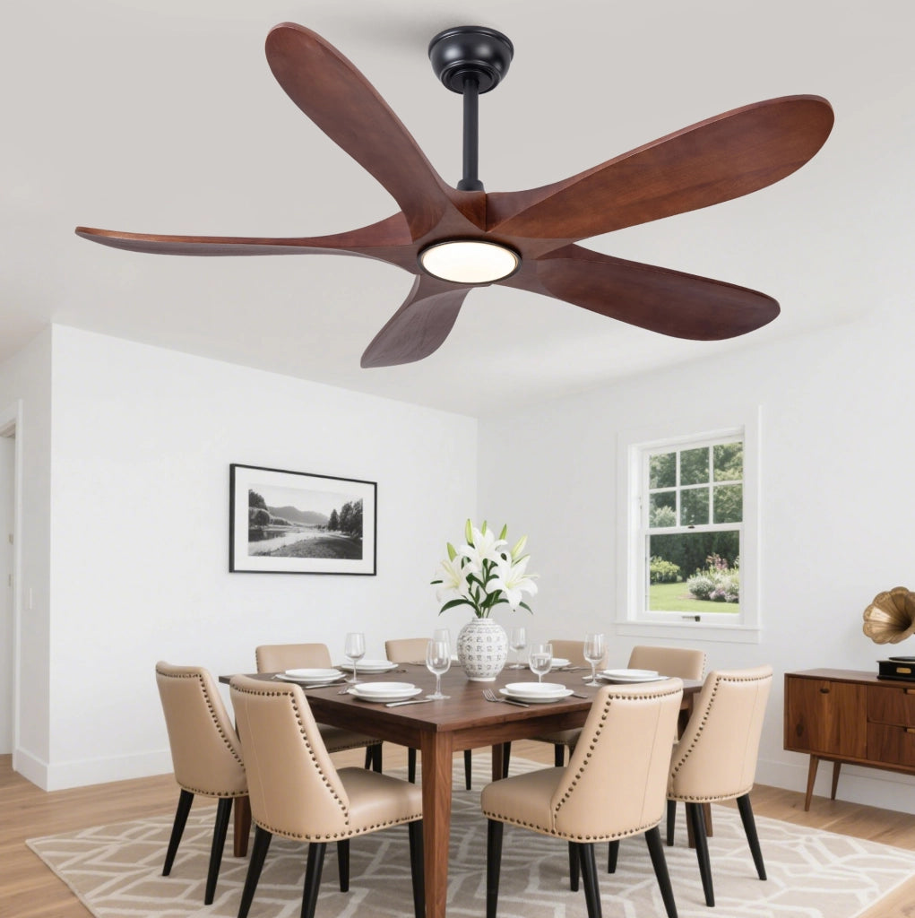 Ventilatore da soffitto con luce; 5 pale in legno massello; noce e nero