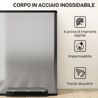 Pattumiera a Pedale con 2 Scomparti da 30L Coperchio Ammortizzato e Secchi Rimovibili in Acciaio Inox Argento