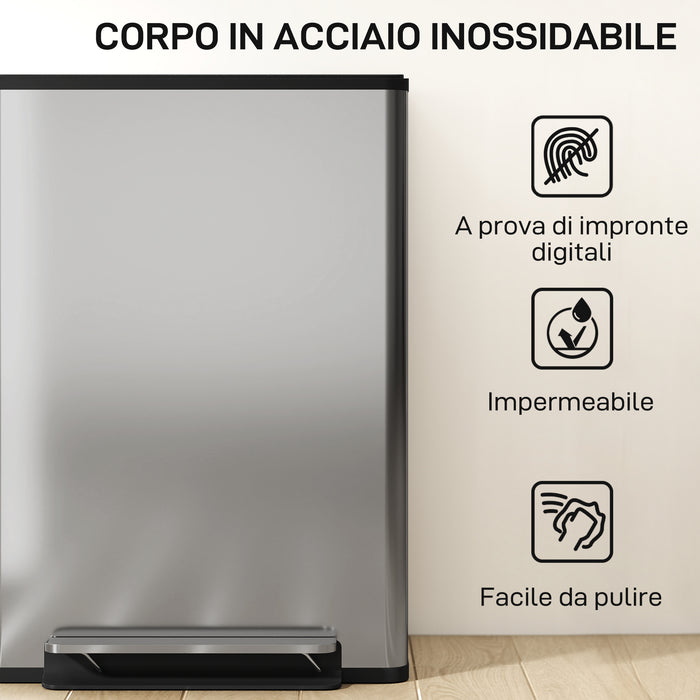 Pattumiera a Pedale con 2 Scomparti da 30L Coperchio Ammortizzato e Secchi Rimovibili in Acciaio Inox Argento