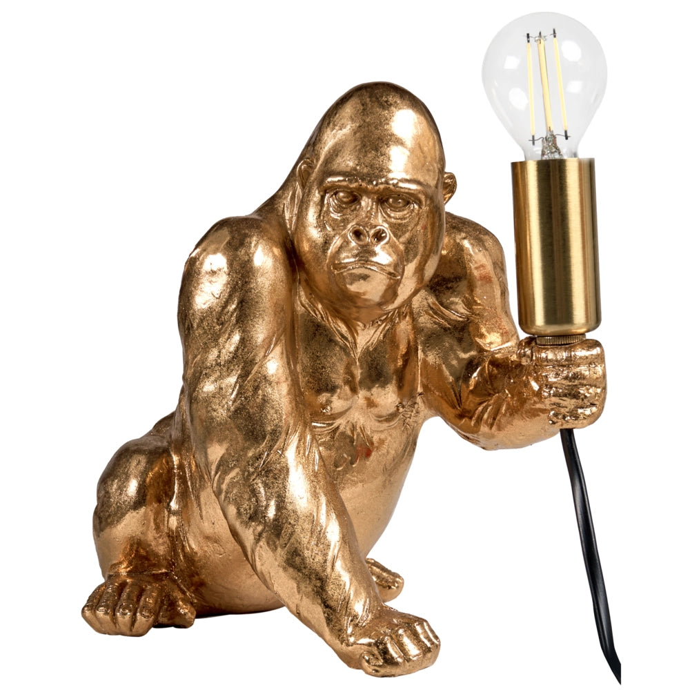Lampada da tavolo Luce da comodino in poliresina dorata Lampada da lettura a forma di gorilla Lampada a tema animale Soggiorno Camera da letto Stile Glam