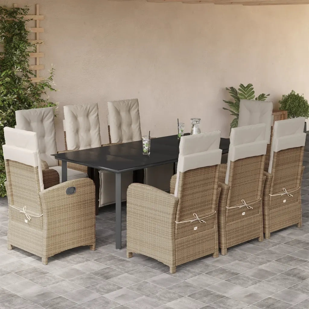 Set da Pranzo da Giardino 9 pz con Cuscini Beige in Polyrattan