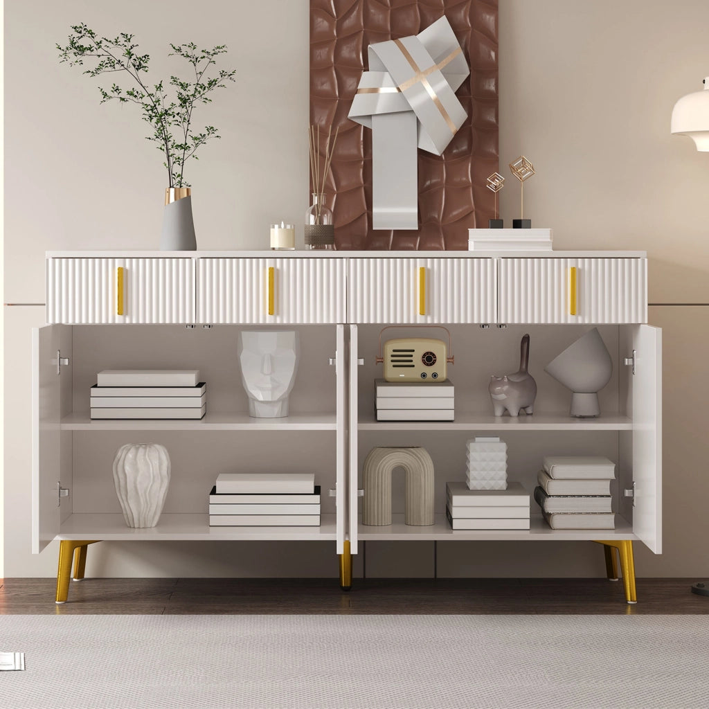 Sideboard moderno bianco 140 cm con 4 cassetti, 4 ante, ripiani regolabili e dettagli oro