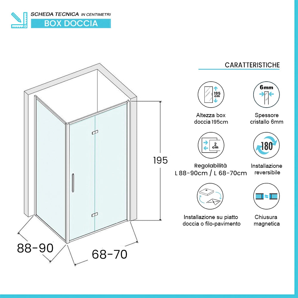 Box doccia angolare a soffietto 90x70 in vetro temperato trasparente con profili nero opaco Neos