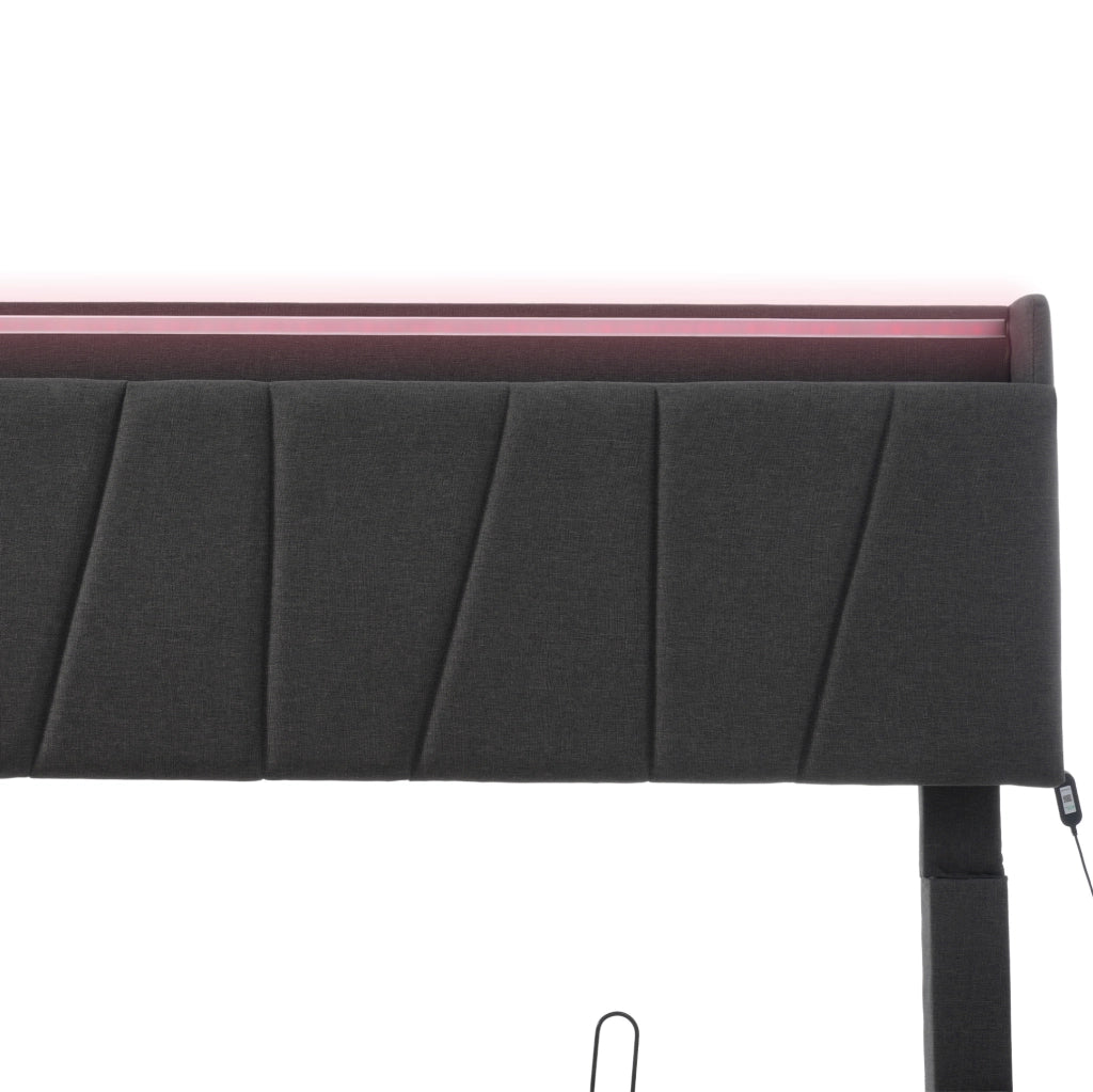 Letto matrimoniale imbottito 140x200 cm grigio con testiera contenitore; USB e LED RGBW