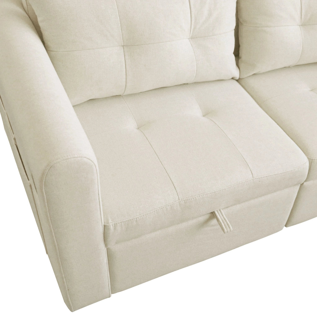 Divano letto 2 posti 3-in-1 beige con schienale regolabile; USB e tasche laterali HOMVRA