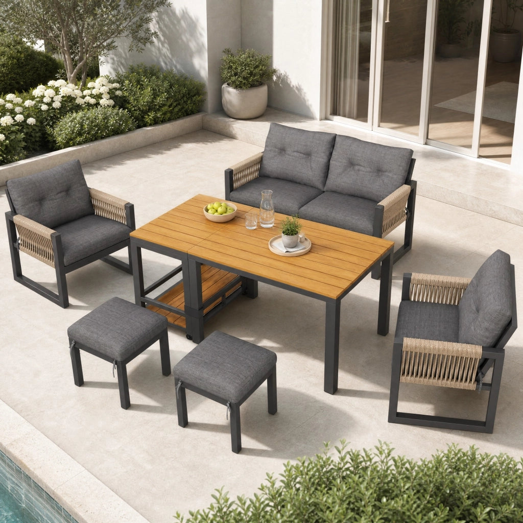 Set da giardino moderno con tavolo removibile; 2 posti; 2 poltrone e 2 pouf; grigio e naturale