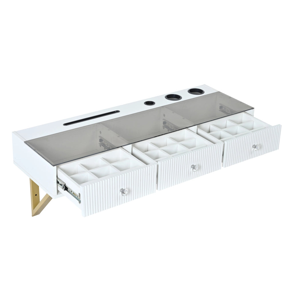 Toeletta sospesa con 3 cassetti, piano in vetro, bianco, 120¡Á40¡Á45 cm
