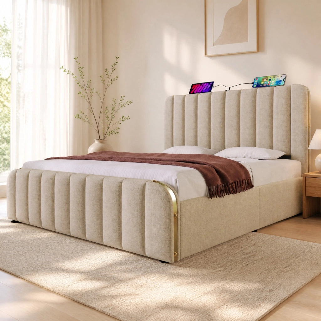 Letto matrimoniale imbottito 160x200 cm in lino beige con contenitore; USB e Type-C